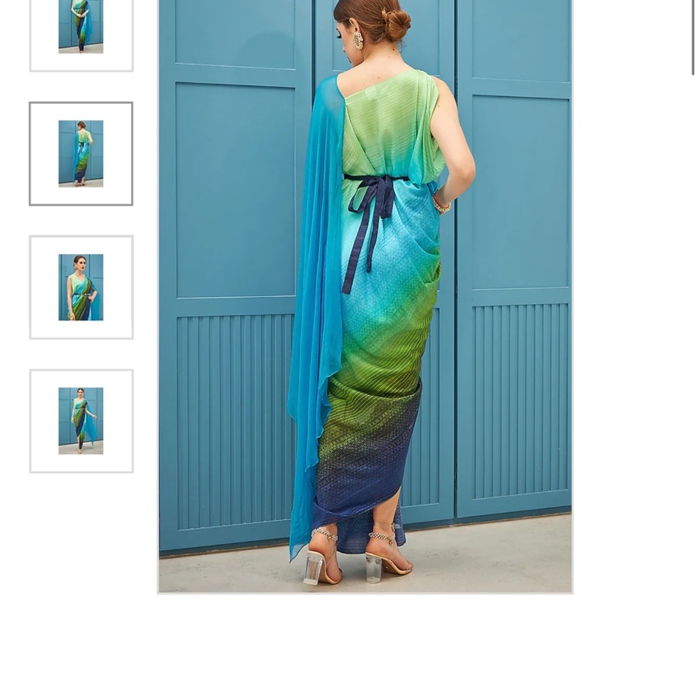 Info western style draped saree dress. Beautiful colors, lightweight with belt.